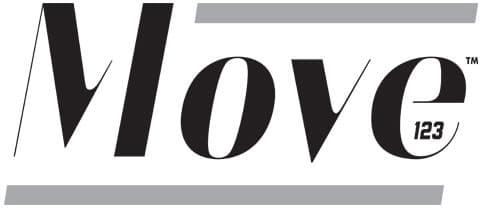 The image shows the word Move in bold, italicized black letters with a grey line above and below the text. The number 123 appears in small text inside the letter e.