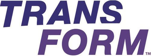 The image shows the word TRANSFORM written in bold, purple, uppercase letters, with TRANS on the top line and FORM on the bottom line.