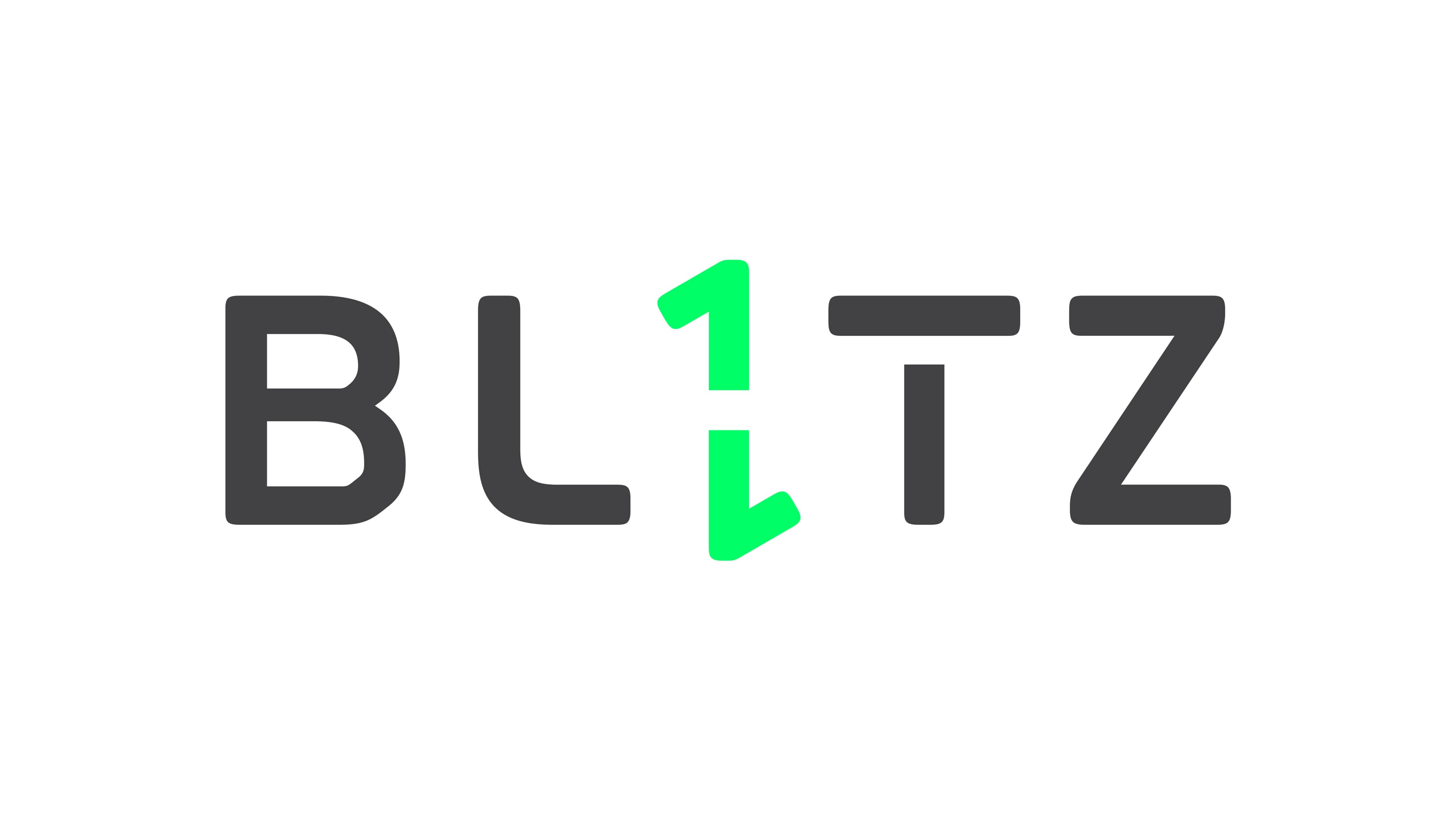 The word BLITZ is written in bold, black letters with the letter I replaced by a green number 1 featuring arrows pointing up and down. The background is white.