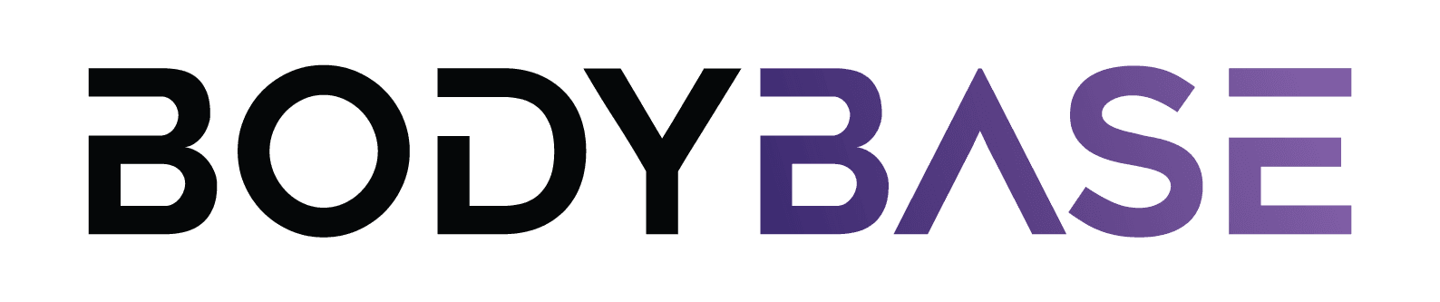 The image displays the word BODYBASE in a bold, modern font. BODY is in black, while BASE is in a gradient of purple shades. The design has a sleek and contemporary look.