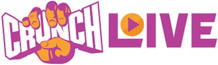 Logo for Crunch Live with the word CRUNCH in bold white letters inside a yellow hand making a fist, and the word LIVE in purple with a play button inside the letter V.