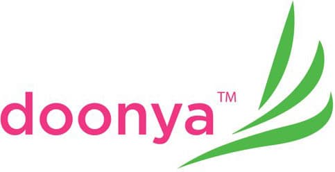 The image shows the word doonya in pink lowercase letters with a trademark symbol, next to three curved green lines resembling leaves or movement. The background is white.