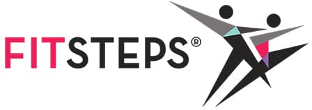 The FITSTEPS logo features the word FITSTEPS with FIT in pink and STEPS in black. To the right are two abstract figures dancing, formed by geometric shapes in black, grey, pink, and teal.