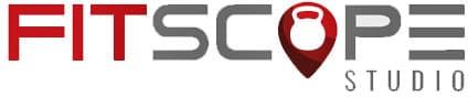 Logo for Fitscope Studio. The word Fitscope is in bold, with FIT in red and SCOPE in gray. The O in SCOPE features a red kettlebell icon. The word STUDIO appears below in gray.