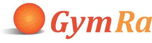 Logo featuring an orange exercise ball and the stylized text GymRa in a gradient from red to orange. The background is white.