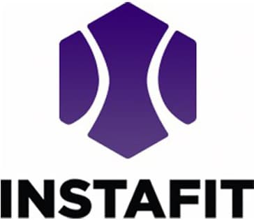 A purple geometric logo above the bold black word INSTAFIT. The logo consists of three abstract shapes forming a hexagon with a curved central shape, resembling a stylized person or fitness icon.