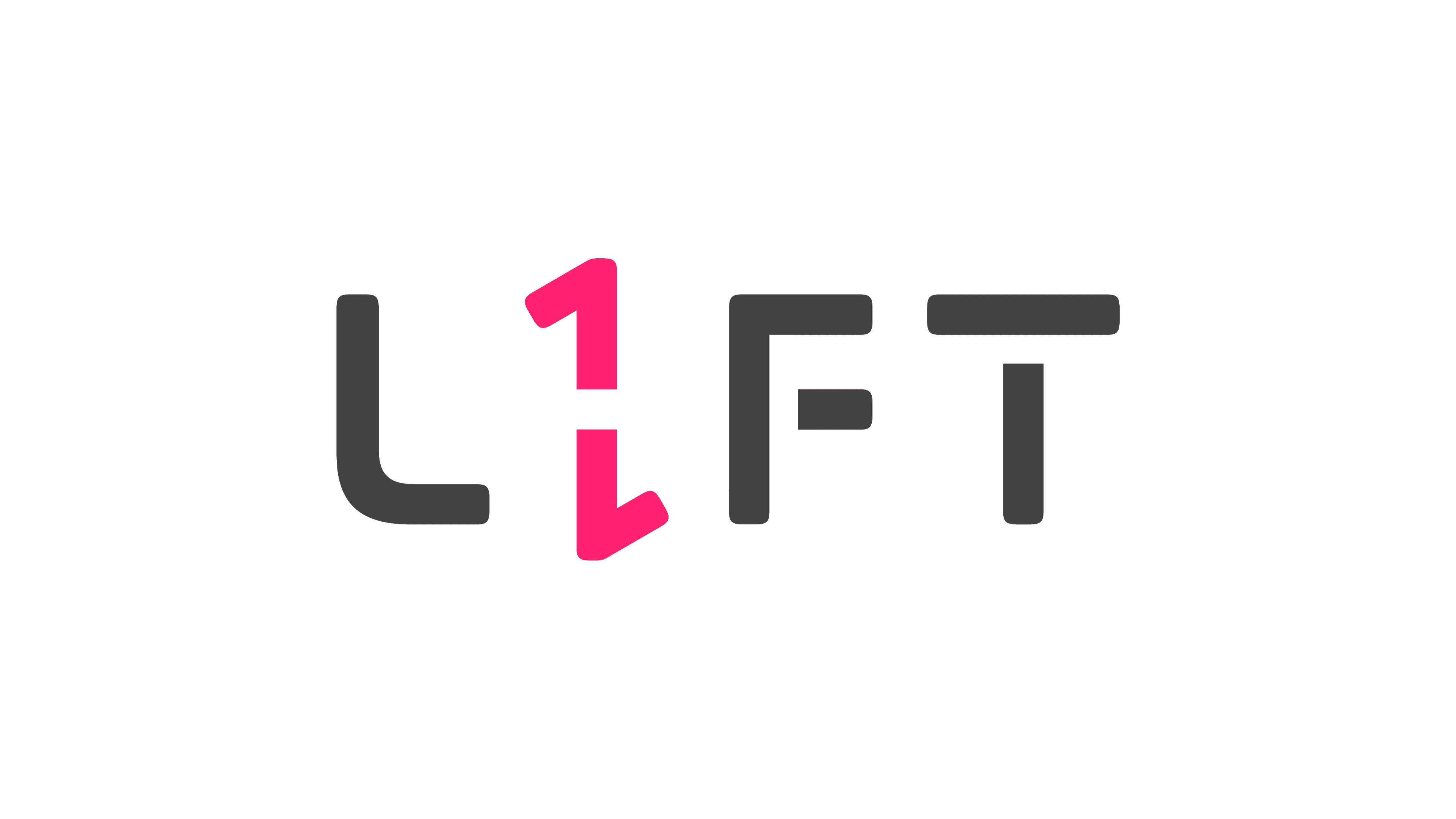The word LIFT is written in a modern font on a black background, with the I replaced by a pink number 1 featuring upward and downward arrows.