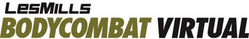 Logo with the words Les Mills BODYCOMBAT VIRTUAL in bold black and olive-green letters on a white background.