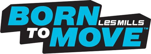 Logo for BORN TO MOVE LES MILLS in bold, blue and white capital letters on a black background, with Les Mills in smaller white text to the right of MOVE.