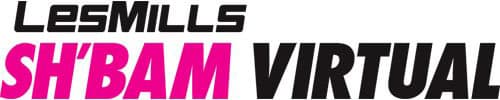 Logo with the words LES MILLS in black, SHBAM in bold pink letters, and VIRTUAL in bold black letters, all on a white background.