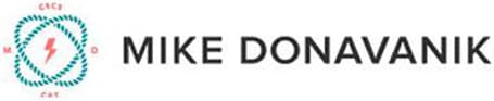 Logo for Mike Donavanik featuring a stylized red lightning bolt inside a design of interlocking teal lines with the initials M and D, next to the name Mike Donavanik in bold black text.