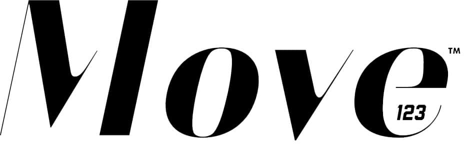 The word Move is written in bold, modern black font with a heartbeat-style line forming the letter M. The number 123 appears in small text inside the lower right of the letter e.
