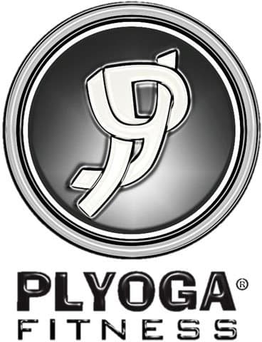 A circular silver and black logo features a stylized P in the center, with the text PLYOGA FITNESS in bold, uppercase letters below.