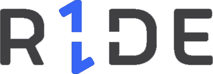 The word RIDE in black uppercase letters, with the letter I replaced by a blue number 1 featuring vertical arrows pointing up and down.