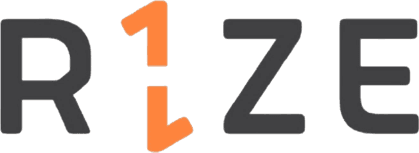 The image shows the word RIZE in bold, black letters. The letter I is replaced with an orange number 1 that has arrows pointing up and down.