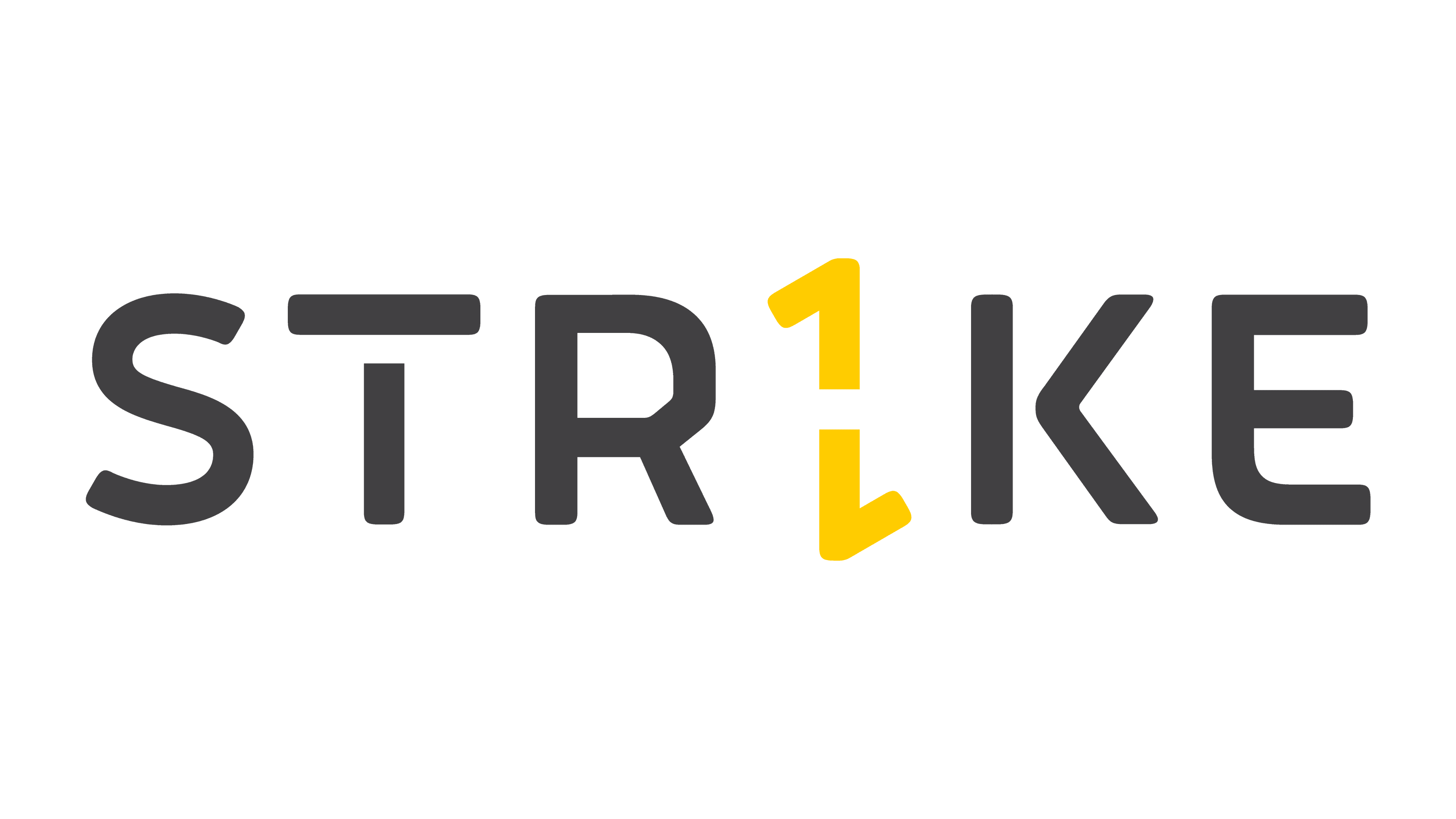 The word STRIKE is displayed in bold black letters on a transparent background. The letter I is replaced by a yellow number 1 with an angular, stylized design.