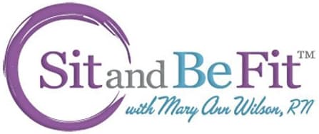 Logo for Sit and Be Fit with Sit in purple, and in gray, and Be Fit in blue. Below, it says with Mary Ann Wilson, RN in blue script, all next to a purple circular brushstroke.
