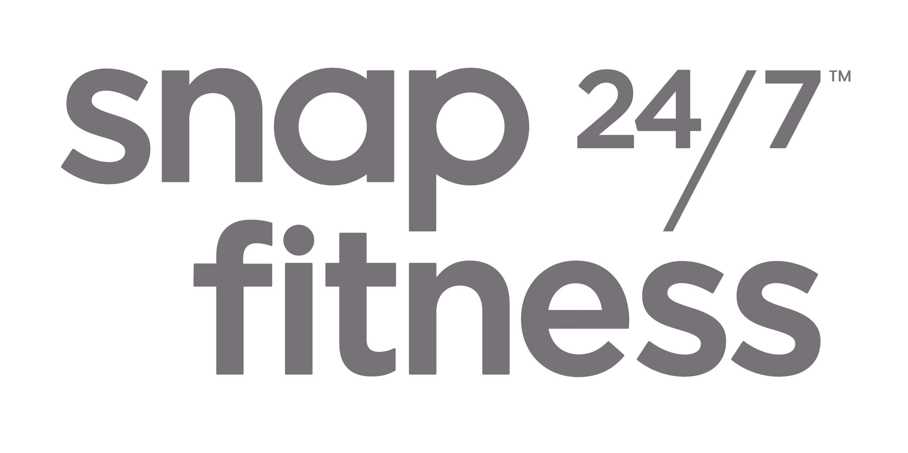 The Snap Fitness logo in gray letters reads snap fitness 24/7™ on a transparent background.