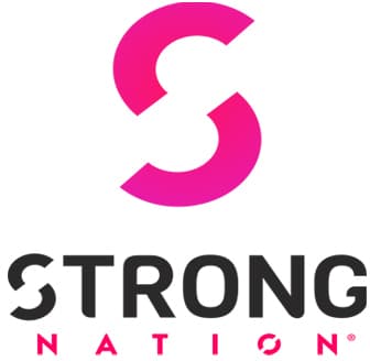 A bold pink and magenta stylized S above the words STRONG NATION in black uppercase letters, with the O in both words designed as a circular arrow.