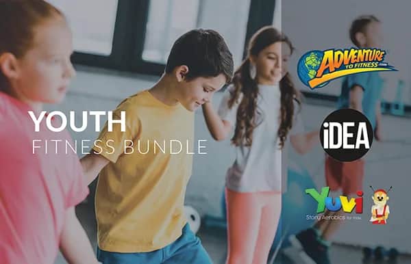 Three children hold hands while exercising indoors. Text reads Youth Fitness Bundle. Logos for Adventure to Fitness, IDEA, and Yuvi are displayed on the right side of the image.