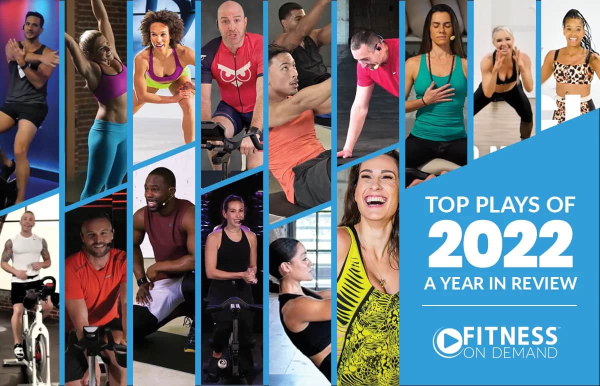 A collage of diverse people exercising, including cycling, lifting weights, stretching, and dancing. Text reads Top Plays of 2022: A Year in Review with the Fitness On Demand logo in the bottom right.