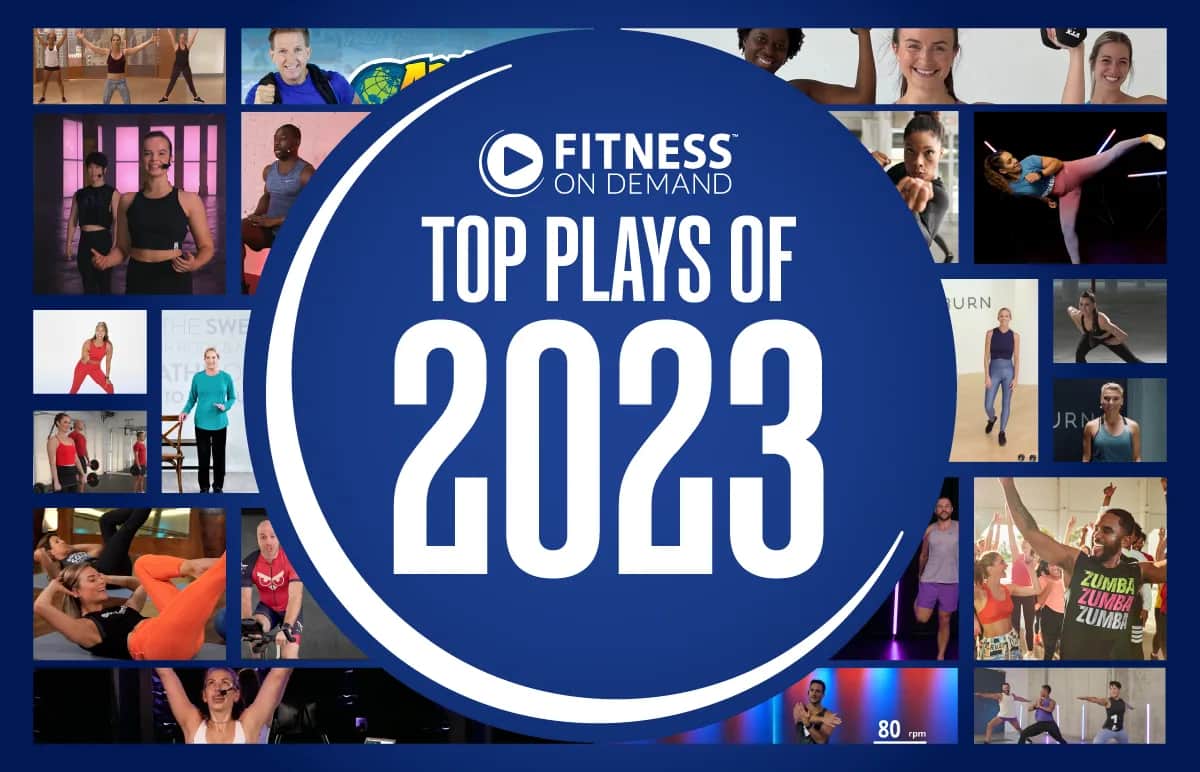 A collage of fitness instructors in various workout poses surrounds a blue circle with the text Fitness On Demand Top Plays of 2023 in bold white letters.