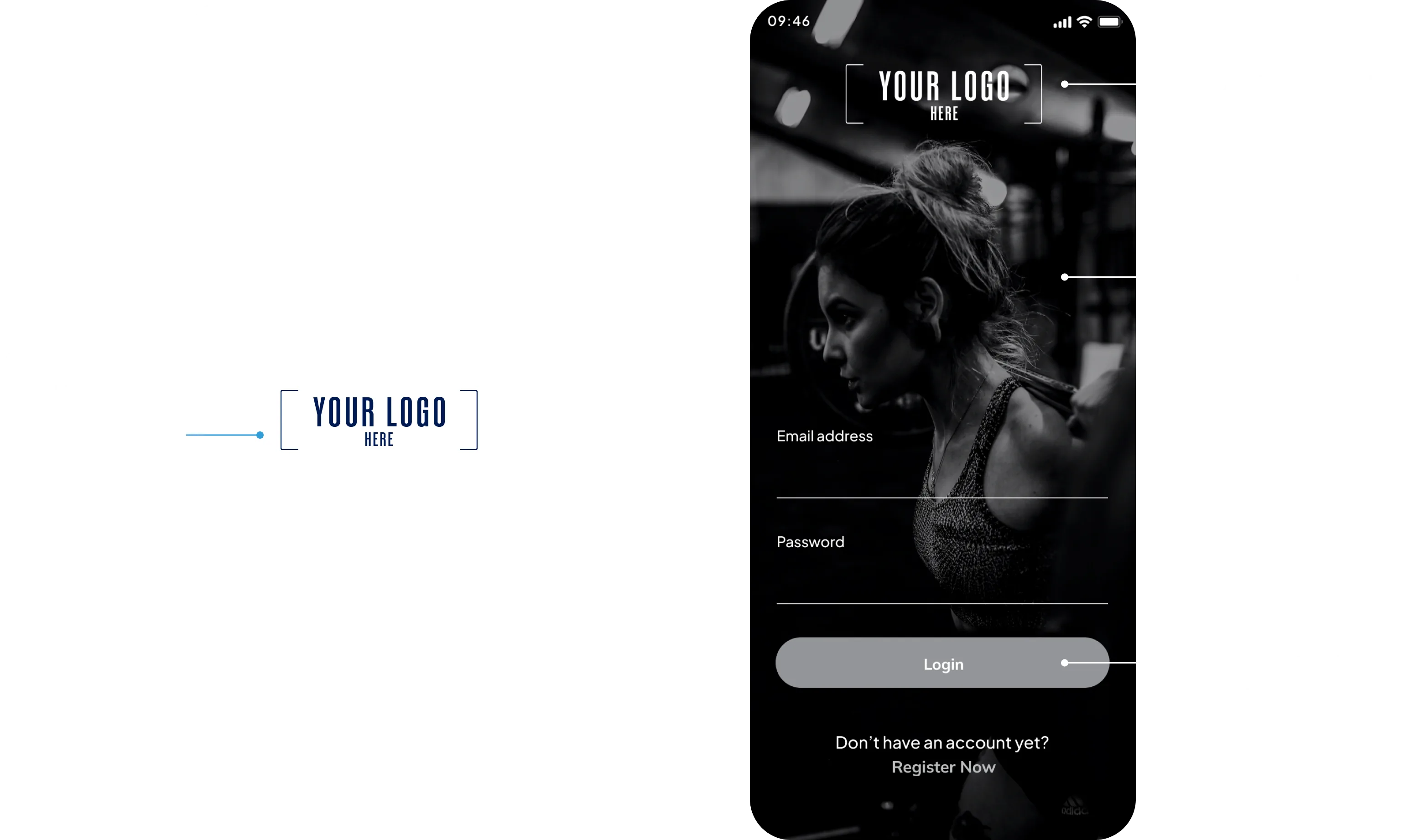 A split-screen showing a mobile app. Left: placeholder for a brand logo. Right: login screen with a fitness image, fields for email and password, and labels highlighting brand logo, custom images, and colors.