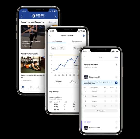 Three smartphones display a fitness app interface, showing recommended workout programs, progress tracking graphs, exercise logs, and detailed workout plans for users.