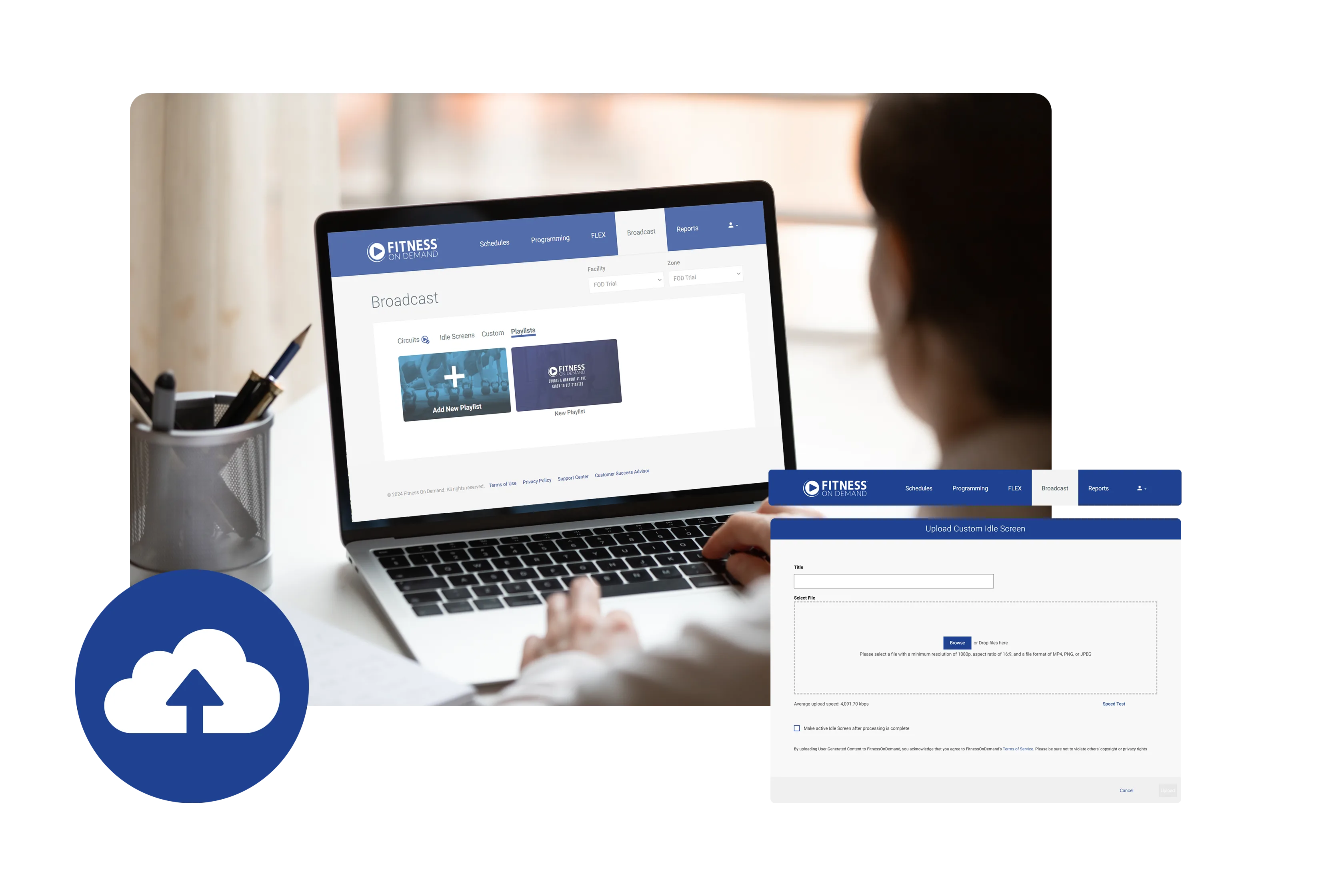 A person using a laptop visits a fitness website with video options on the screen. Overlays show a cloud upload icon and a webpage for uploading content.