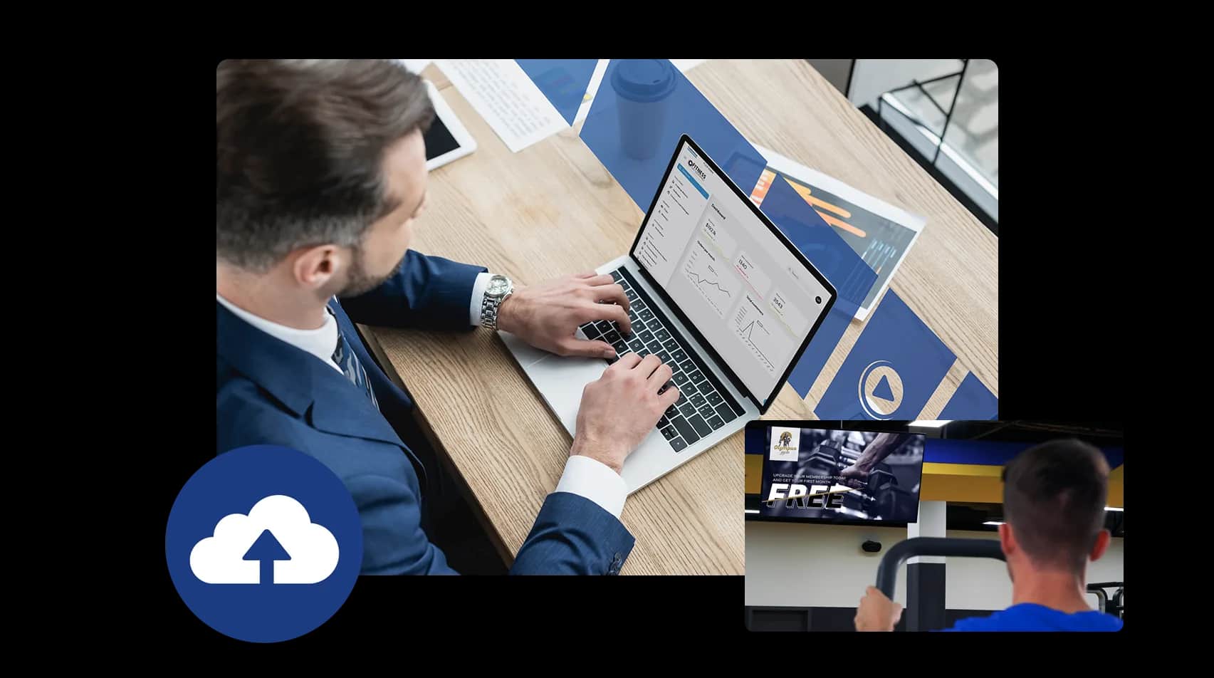 A man in a suit works on a laptop displaying graphs and charts, while a smaller inset shows a person using gym equipment in front of a “FREE” sign. A blue cloud upload icon appears in the bottom left corner.