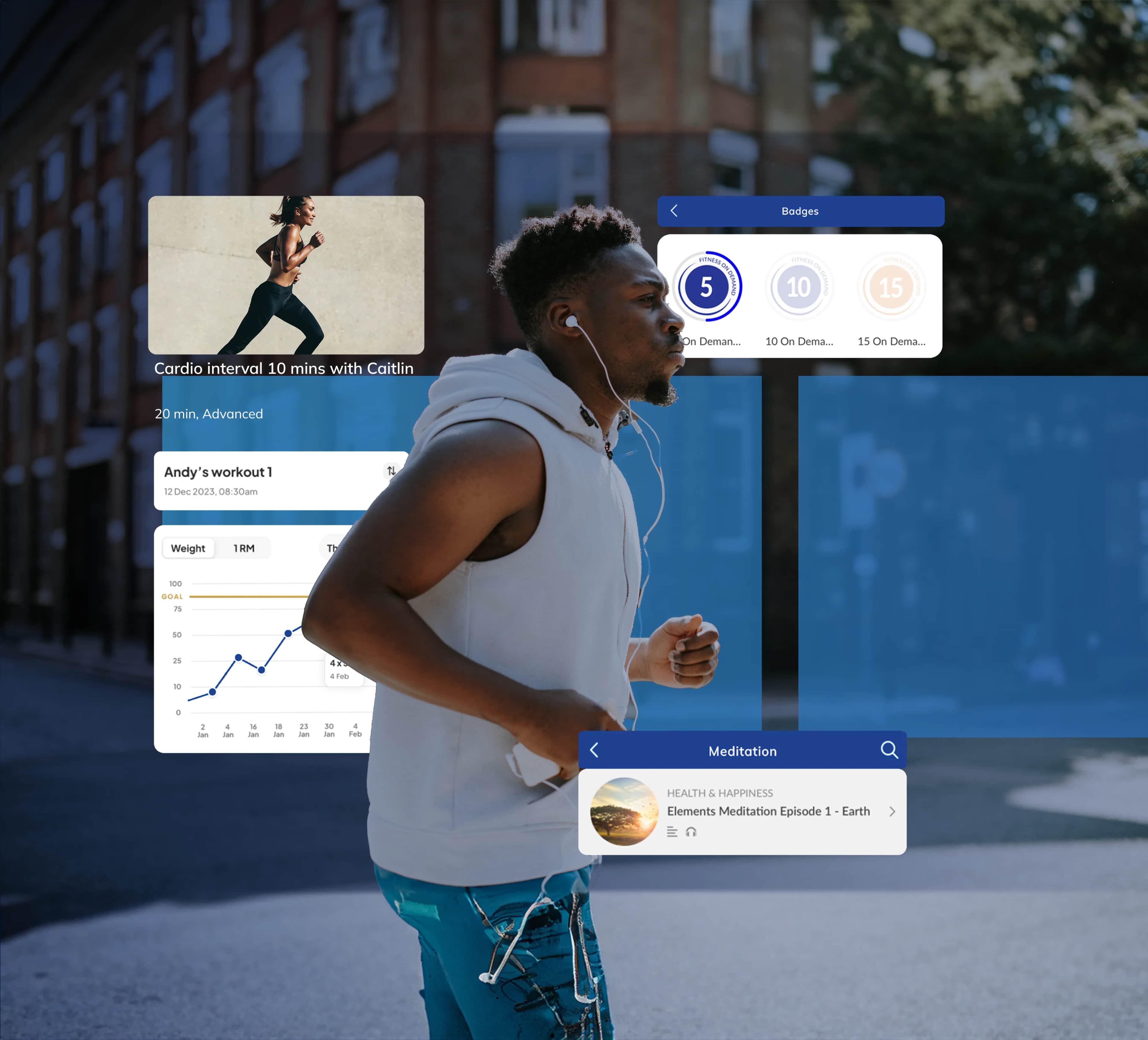 A man jogs outdoors in workout attire, surrounded by floating fitness app interfaces showing stats, badges, cardio schedule, meditation session, and a weight graph. A residential street with brick buildings is in the background.