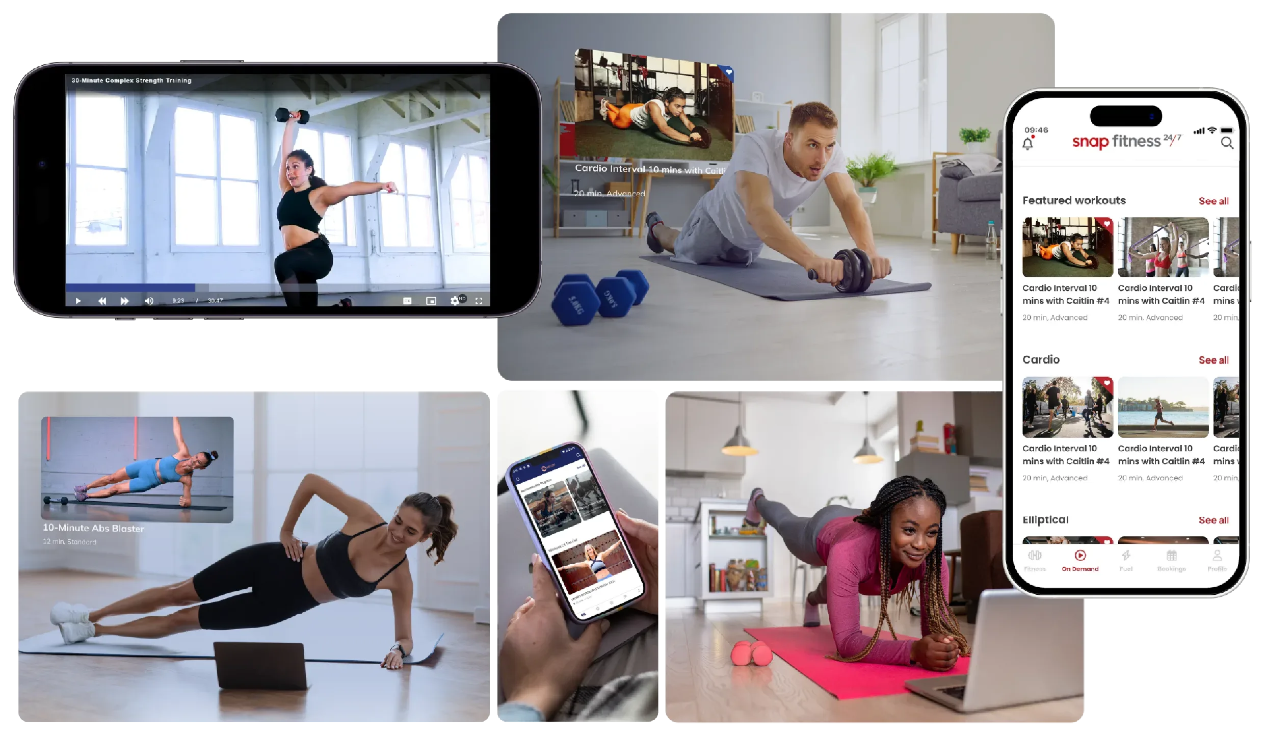 A collage showing people exercising with online fitness videos on phones and laptops, and mobile screens displaying workout apps and programs, illustrating digital and home fitness training.