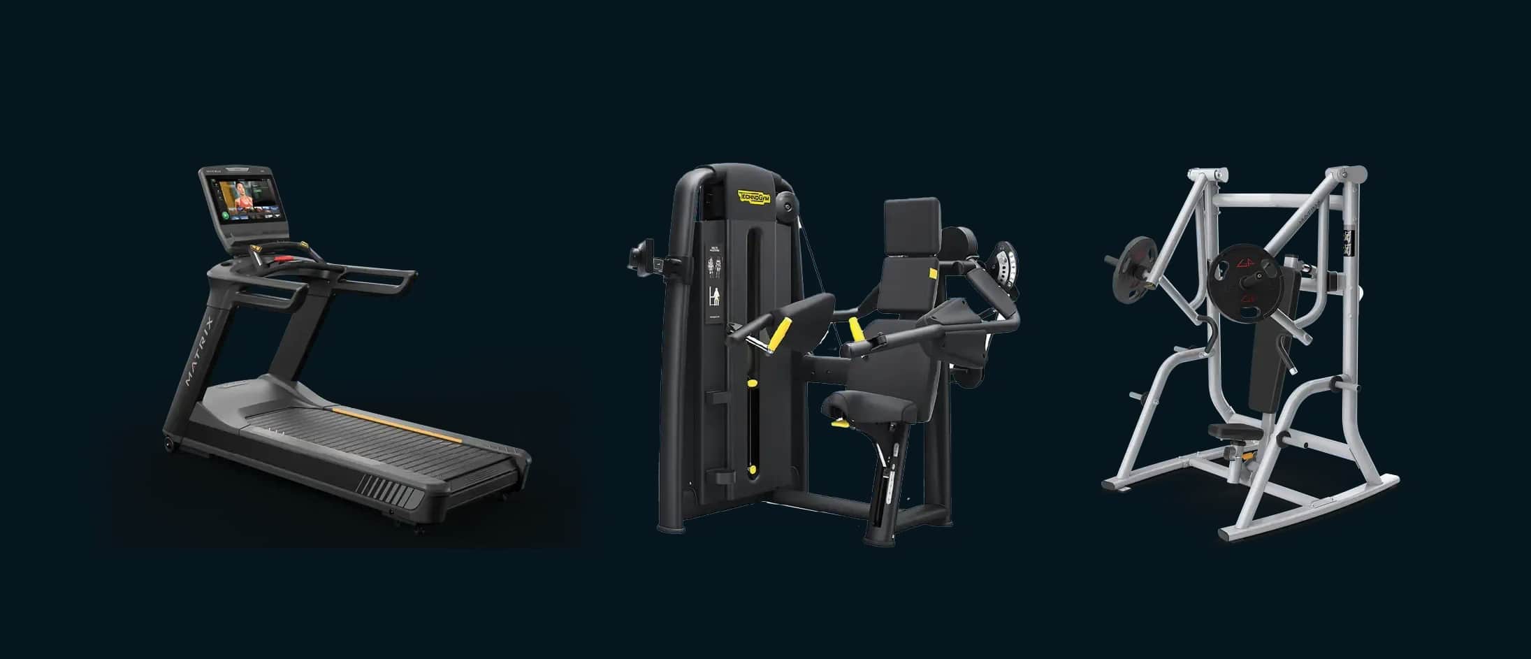 Three types of gym equipment on a blue background: a treadmill on the left, a seated strength machine in the center, and a silver plate-loaded strength machine on the right.