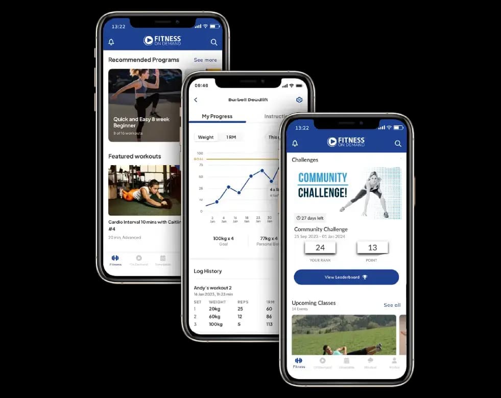 Three smartphones display a fitness app interface with recommended programs, a progress graph, workout logs, challenges, and class schedules on their screens.