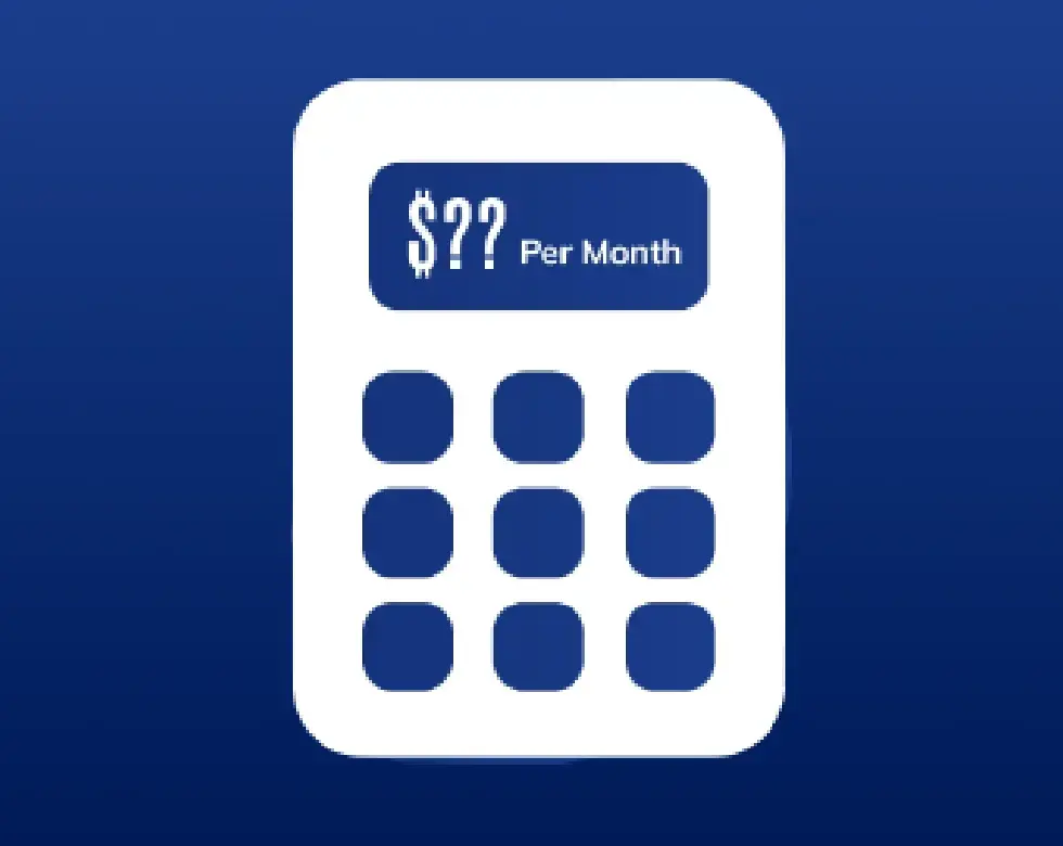 White calculator icon on blue background with text that reads "$?? Per Month"