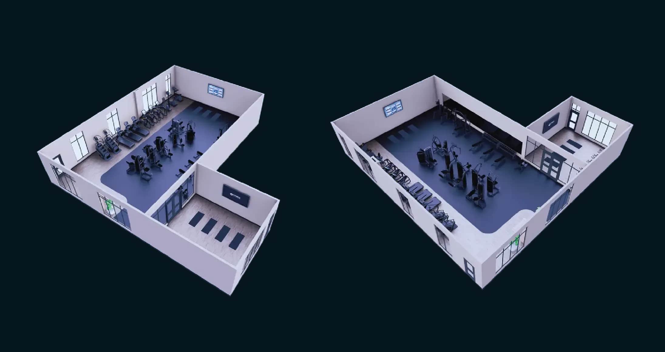 Two 3D-rendered layouts of gym interiors on a blue background, each showing exercise equipment like treadmills and weight machines arranged in different room configurations with large windows.