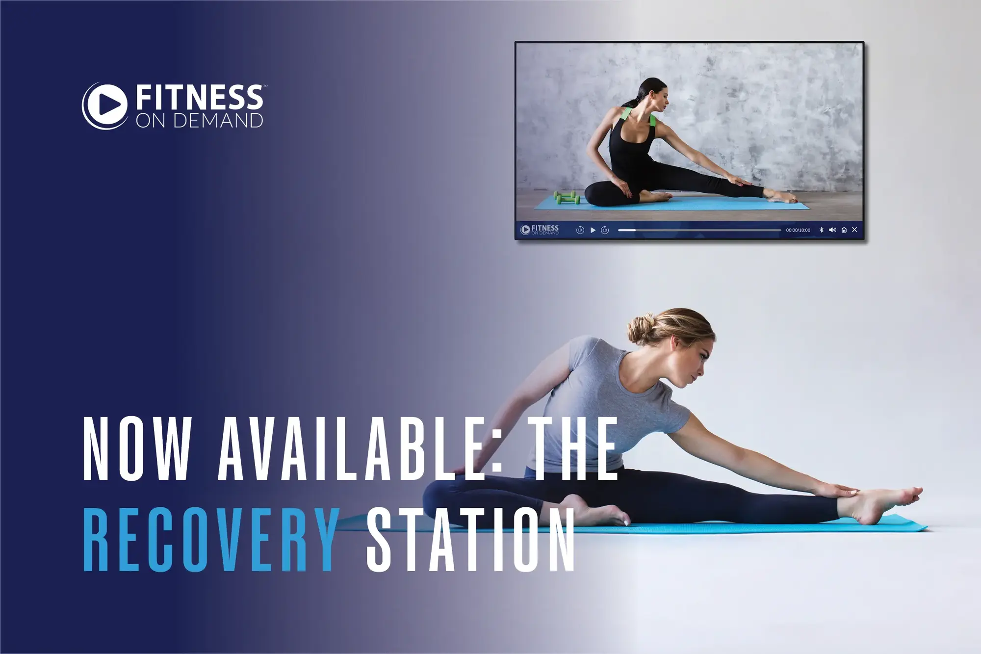 A woman stretches on a yoga mat while watching an online fitness class on a touch screen. Text reads: Fitness On Demand. Now available: The Recovery Station.
