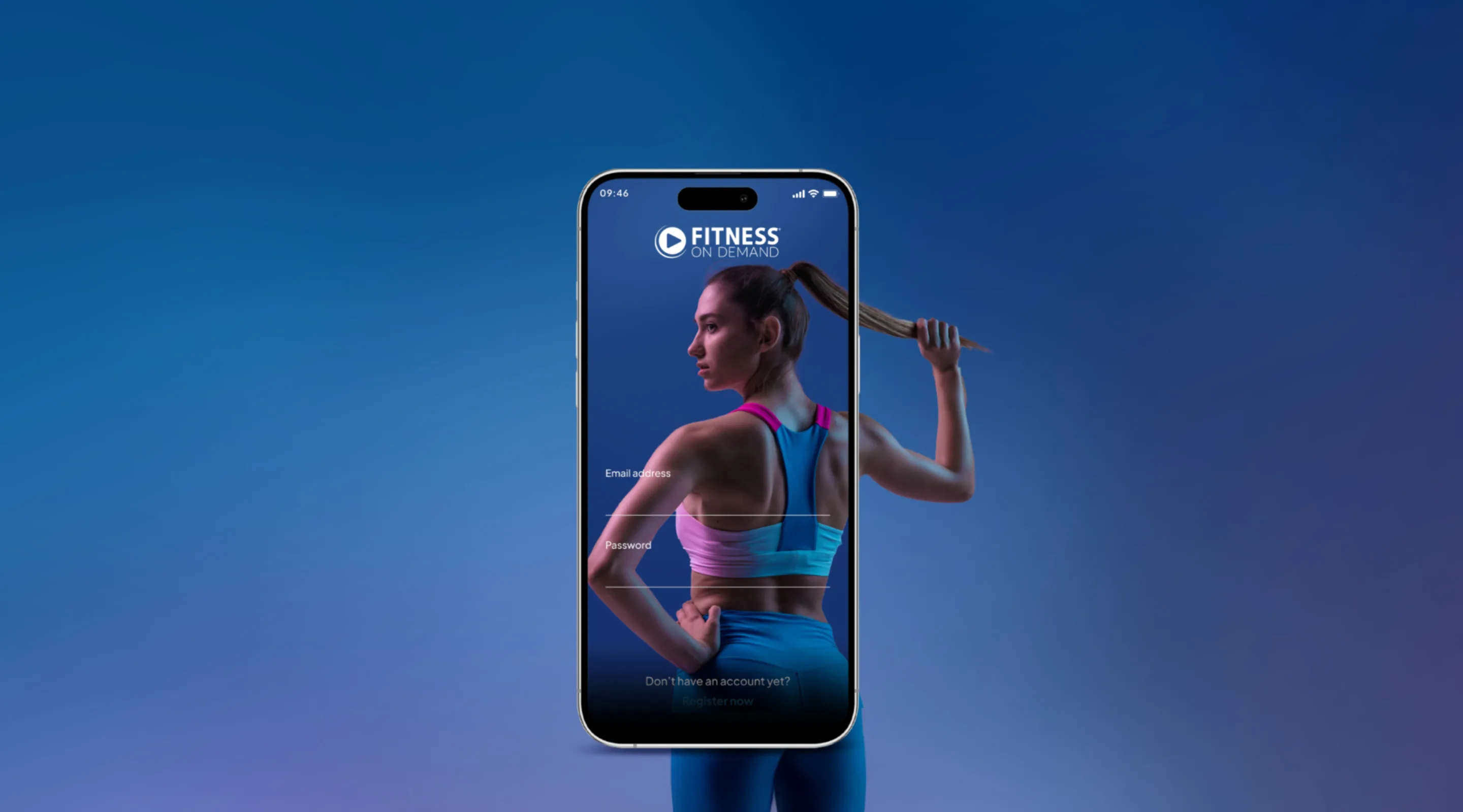 A smartphone displays a fitness app login screen with a woman in athletic wear, seen from the back, holding her ponytail. The background is a blue gradient. The app name Fitness On Demand appears at the top.