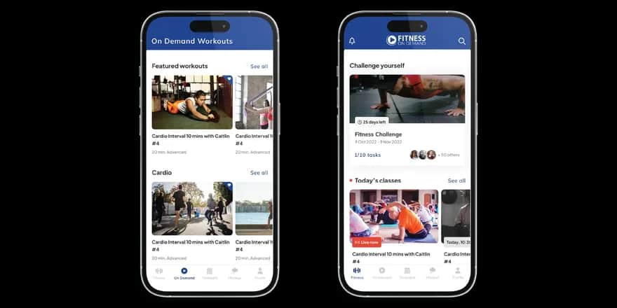 Two smartphones display a fitness app showing on-demand workouts, including featured routines, cardio, challenges, and today’s classes with images of people exercising indoors and outdoors.