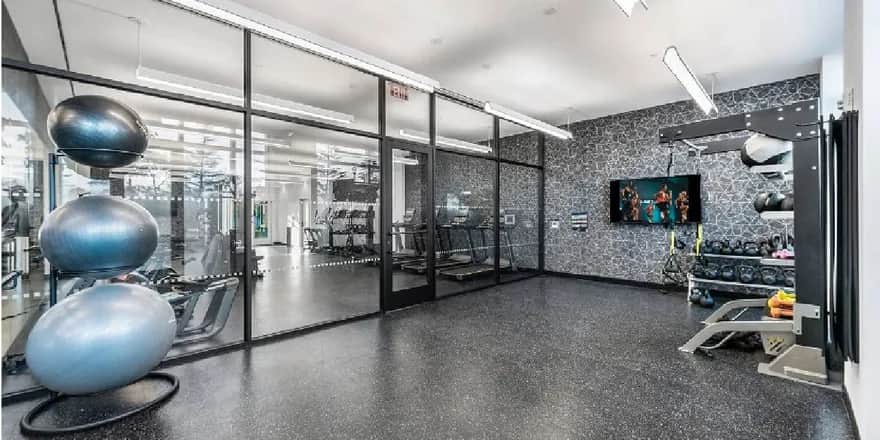 Modern gym with a rack of exercise balls, glass wall separating cardio equipment like treadmills and ellipticals, a weight rack, a bench, mounted TV, and bright overhead lights.