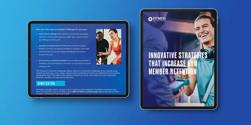 Two tablets on a blue gradient background display digital magazine pages about gym member retention. The left screen shows text and photos of people exercising; the right screen displays a smiling man and the title “Innovative Strategies That Increase Gym Member Retention.”.