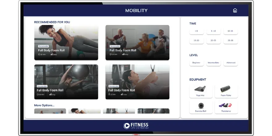 A digital fitness platform screen displays recommended Full Body Foam Roll classes, session times, skill levels, and equipment options like yoga mats and foam rollers. The interface is branded Fitness On Demand.