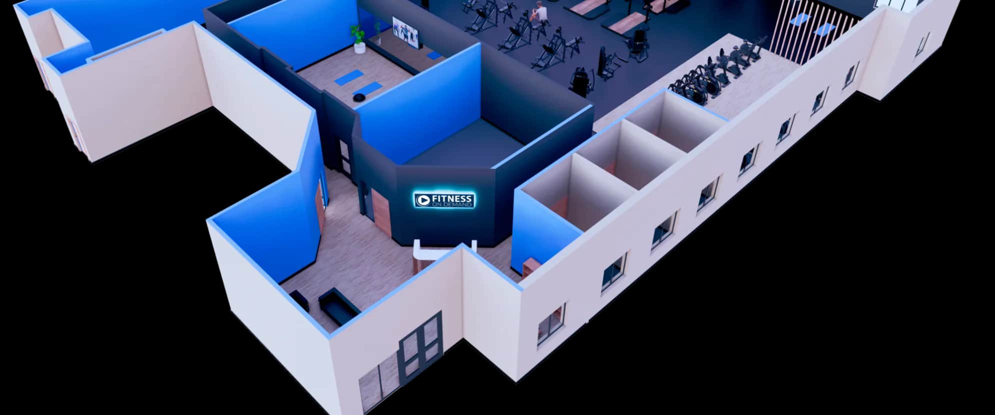 3D floor plan of a modern gym showing exercise machines, free weights, cardio equipment, a reception area, offices, and changing rooms, all within a spacious, open layout. Blue and white color scheme throughout.