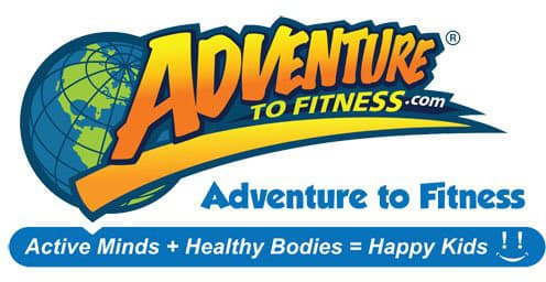 Logo for Adventure to Fitness featuring a globe, bold yellow and orange text, and the slogan Active Minds + Healthy Bodies = Happy Kids with a blue smiley face.