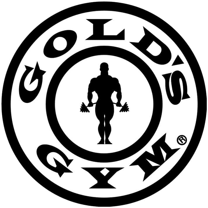 Golds Gym black and white logo featuring a muscular figure holding barbells in the center, surrounded by a circular border with the words GOLDS GYM in bold, stylized letters.