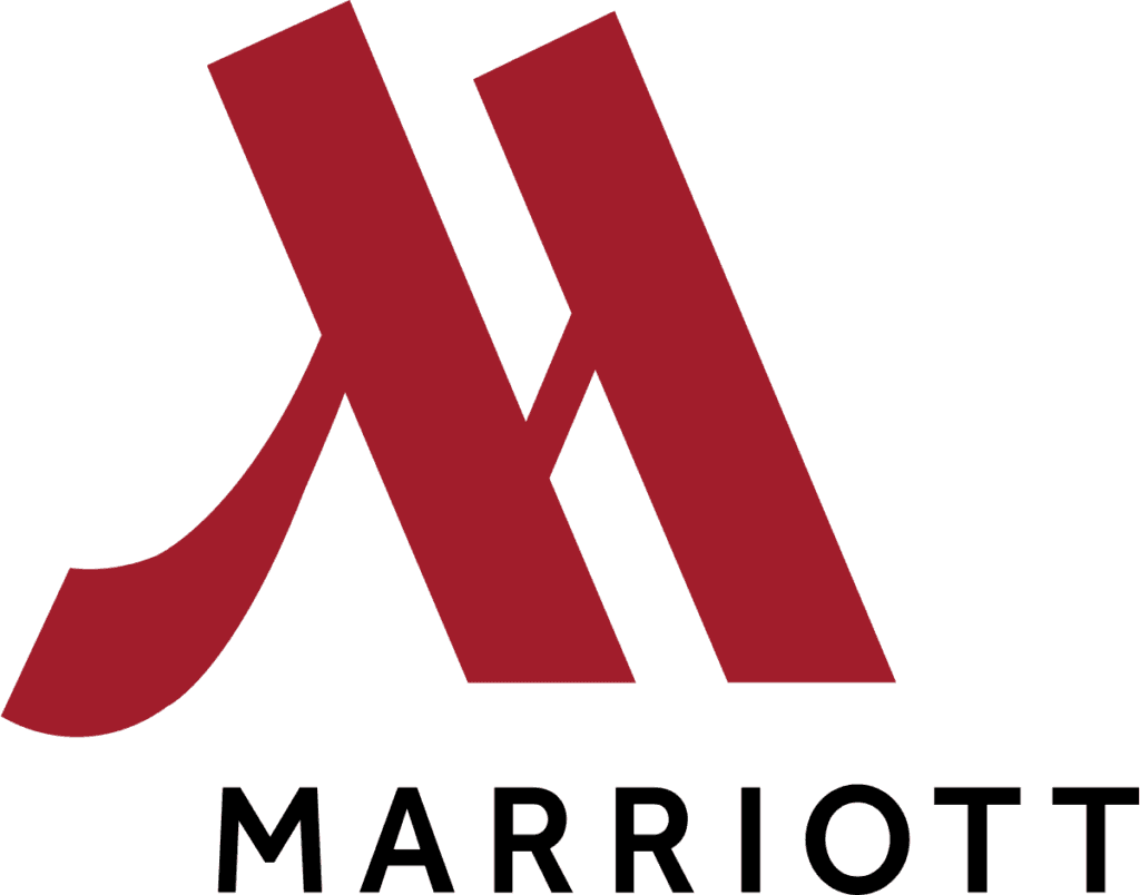 The image shows the Marriott Hotels & Resorts logo, featuring a large, stylized red M above the word Marriott in bold, black letters.