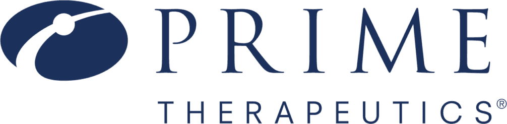 Logo for Prime Therapeutics featuring a blue circular symbol with a white arc and dot on the left, followed by the words PRIME THERAPEUTICS in blue uppercase letters.
