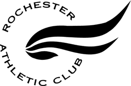 Black and white logo with the words Rochester Athletic Club in a circular pattern around a stylized wing or flame graphic.